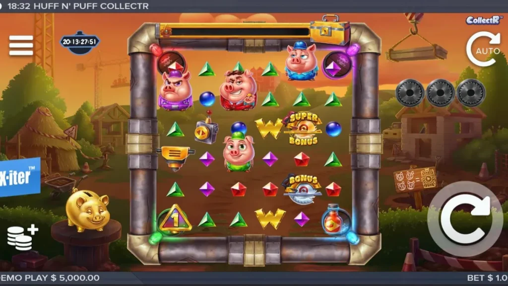 Tampilan visual permainan slot Huff n Puff CollectR dengan karakter babi dan serigala