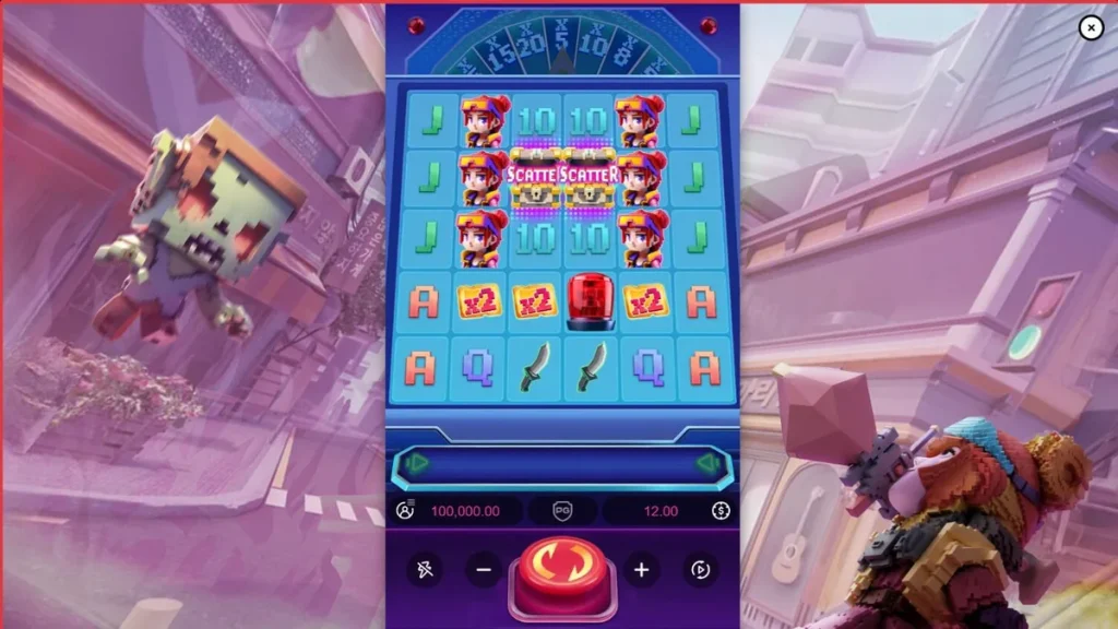 Tampilan visual slot Zombie Blasters dengan tema arcade retro dan karakter pahlawan wanita.